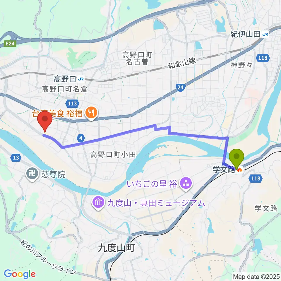 学文路駅から橋本市サカイキャニング産業文化会館アザレアへのルートマップ地図