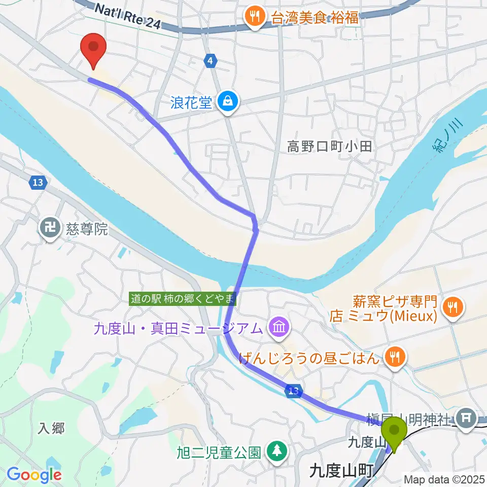 九度山駅から橋本市サカイキャニング産業文化会館アザレアへのルートマップ地図