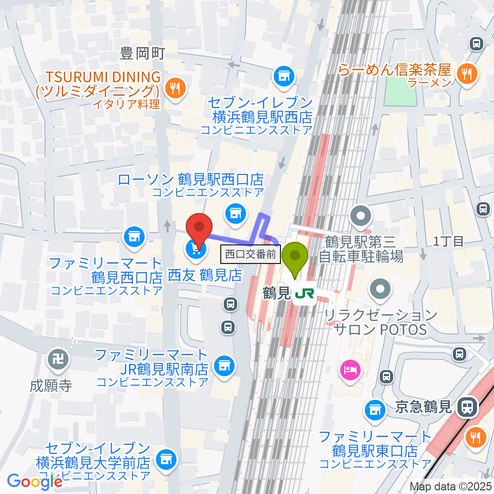 横浜市鶴見公会堂の最寄駅鶴見駅からの徒歩ルート（約2分）地図