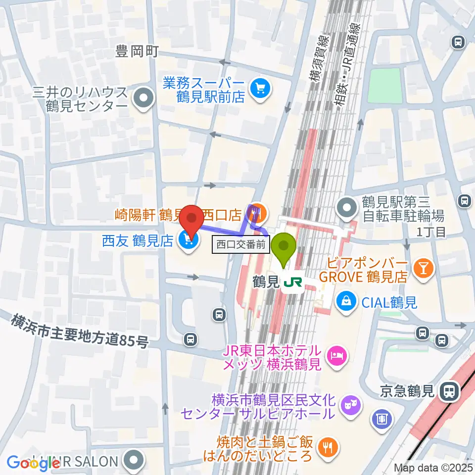 横浜市鶴見公会堂の最寄駅鶴見駅からの徒歩ルート（約2分）地図