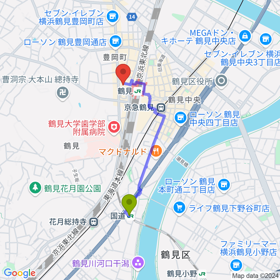 国道駅から横浜市鶴見公会堂へのルートマップ地図