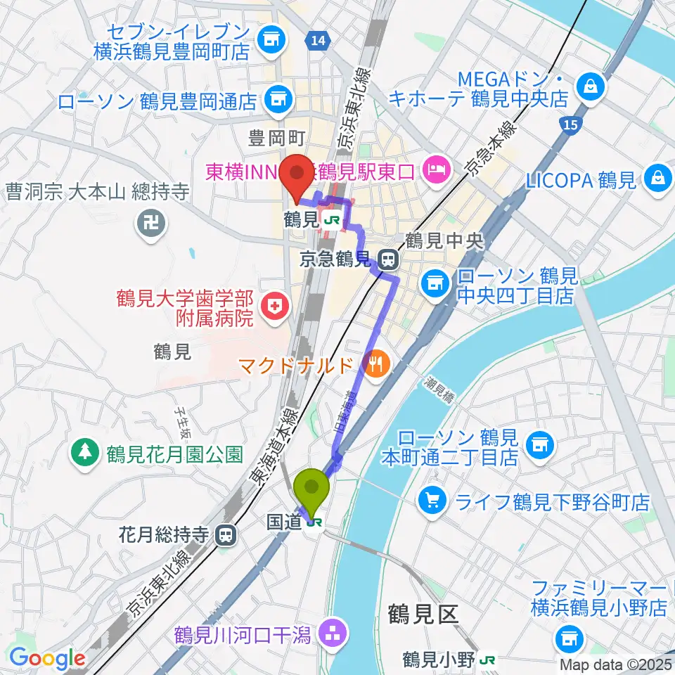 国道駅から横浜市鶴見公会堂へのルートマップ地図