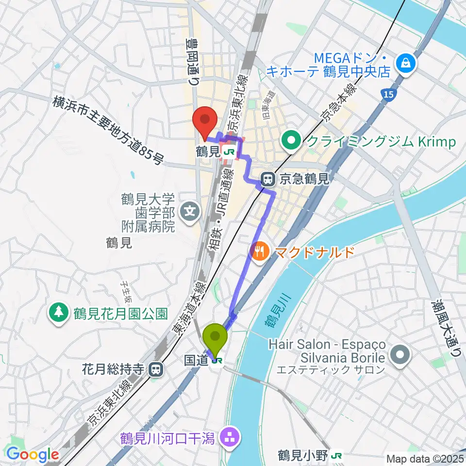 国道駅から横浜市鶴見公会堂へのルートマップ地図