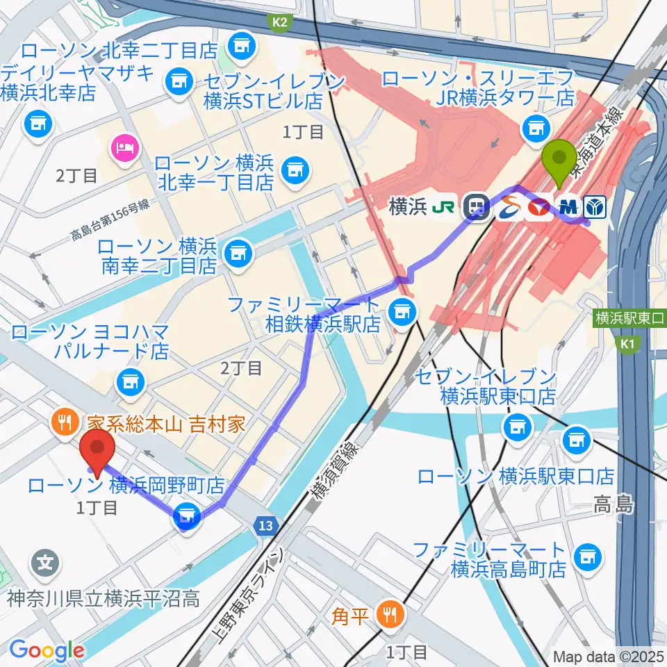 横浜駅から横浜市西公会堂へのルートマップ地図