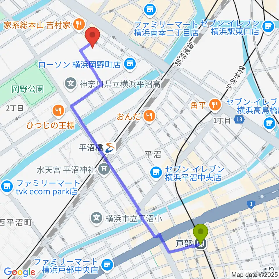 戸部駅から横浜市西公会堂へのルートマップ地図