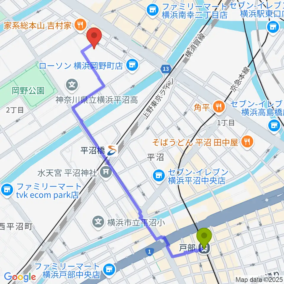 戸部駅から横浜市西公会堂へのルートマップ地図