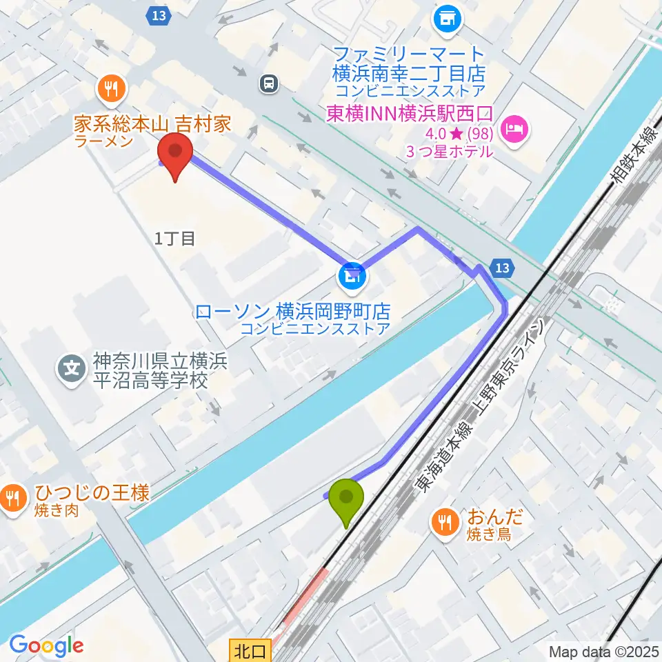 横浜市西公会堂の最寄駅平沼橋駅からの徒歩ルート（約5分）地図