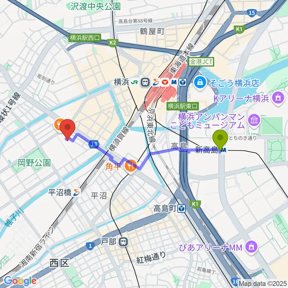 新高島駅から横浜市西公会堂へのルートマップ地図