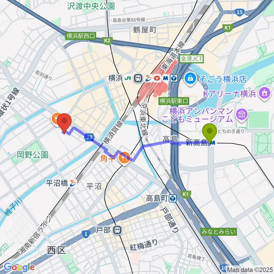 新高島駅から横浜市西公会堂へのルートマップ地図