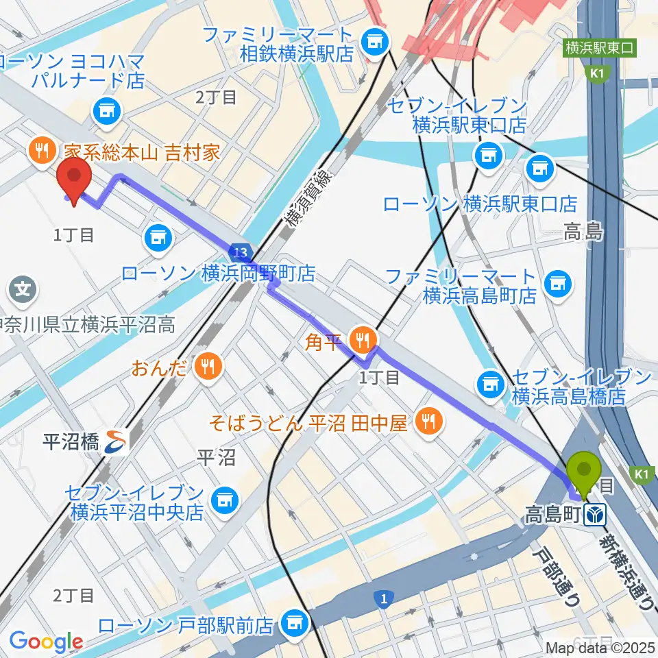 高島町駅から横浜市西公会堂へのルートマップ地図