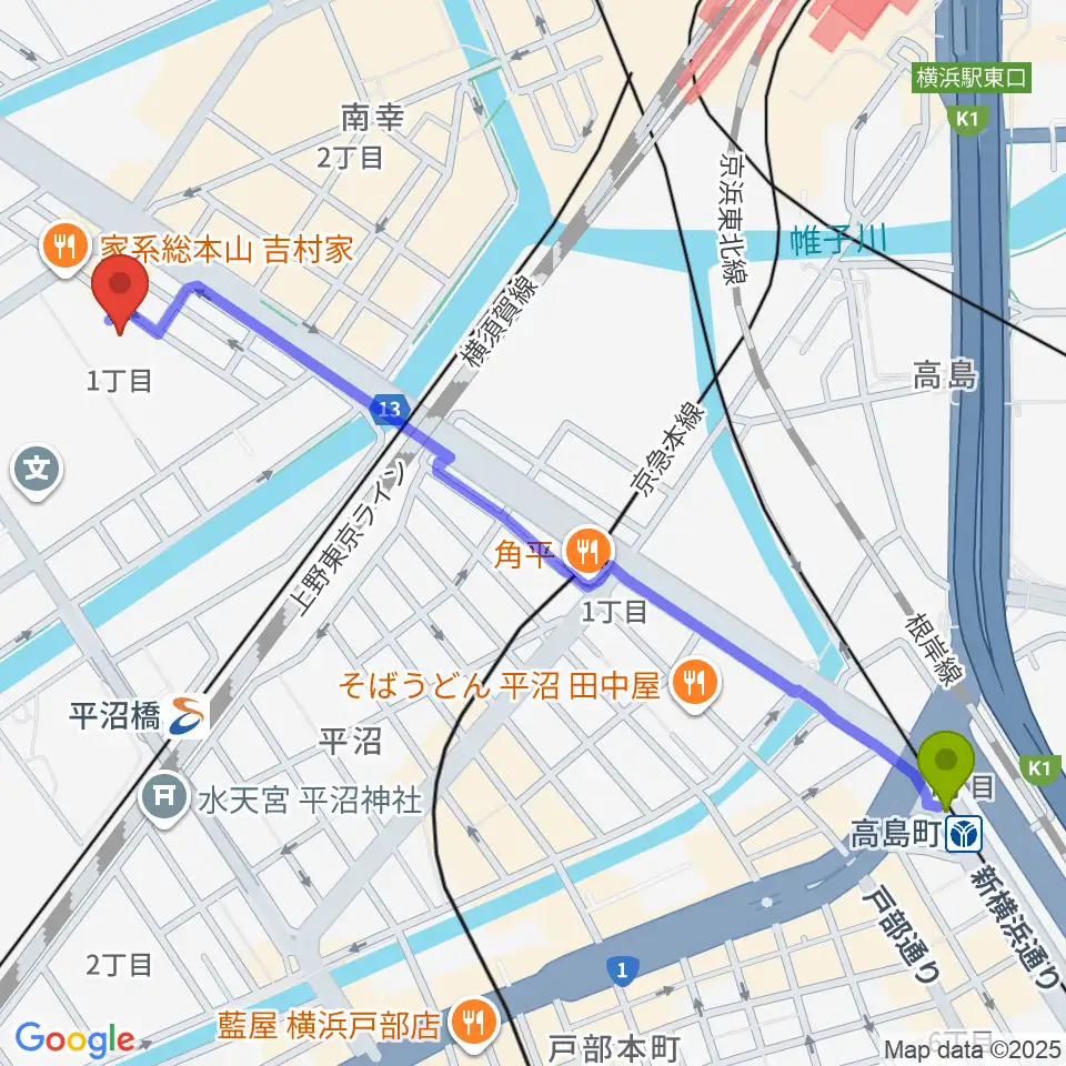 高島町駅から横浜市西公会堂へのルートマップ地図