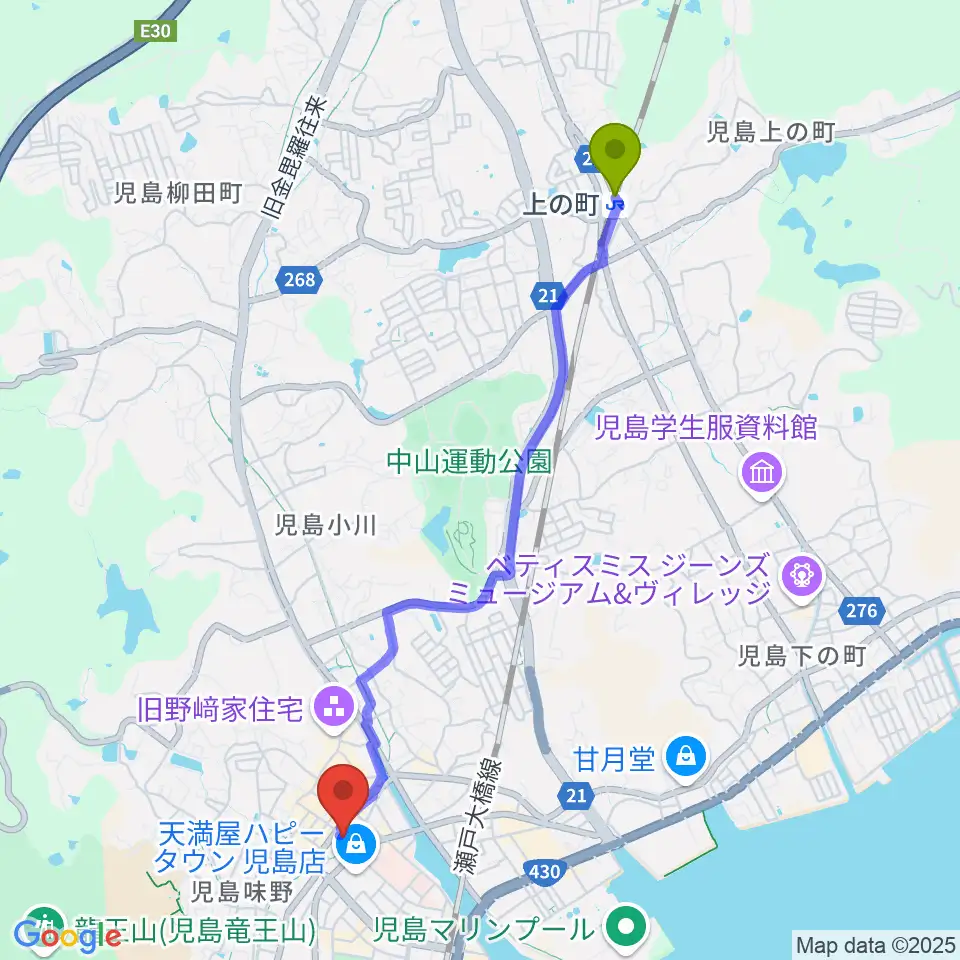 上の町駅から児島市民交流センターへのルートマップ地図