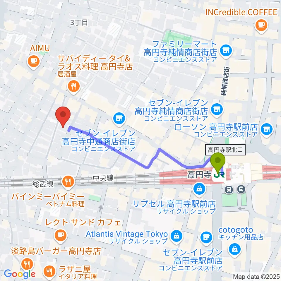 アリタ・ボーカルスクールの最寄駅高円寺駅からの徒歩ルート（約4分）地図