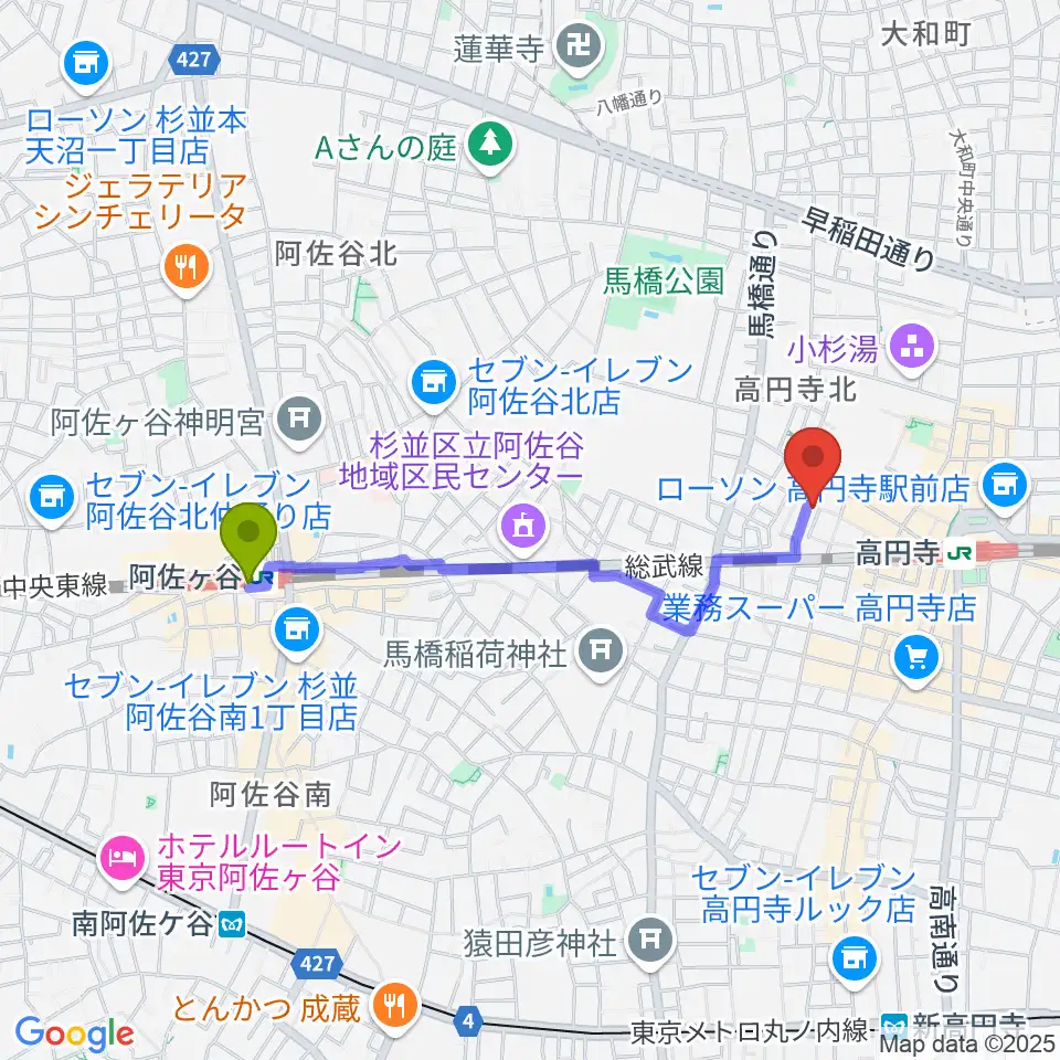 阿佐ケ谷駅からアリタ・ボーカルスクールへのルートマップ地図