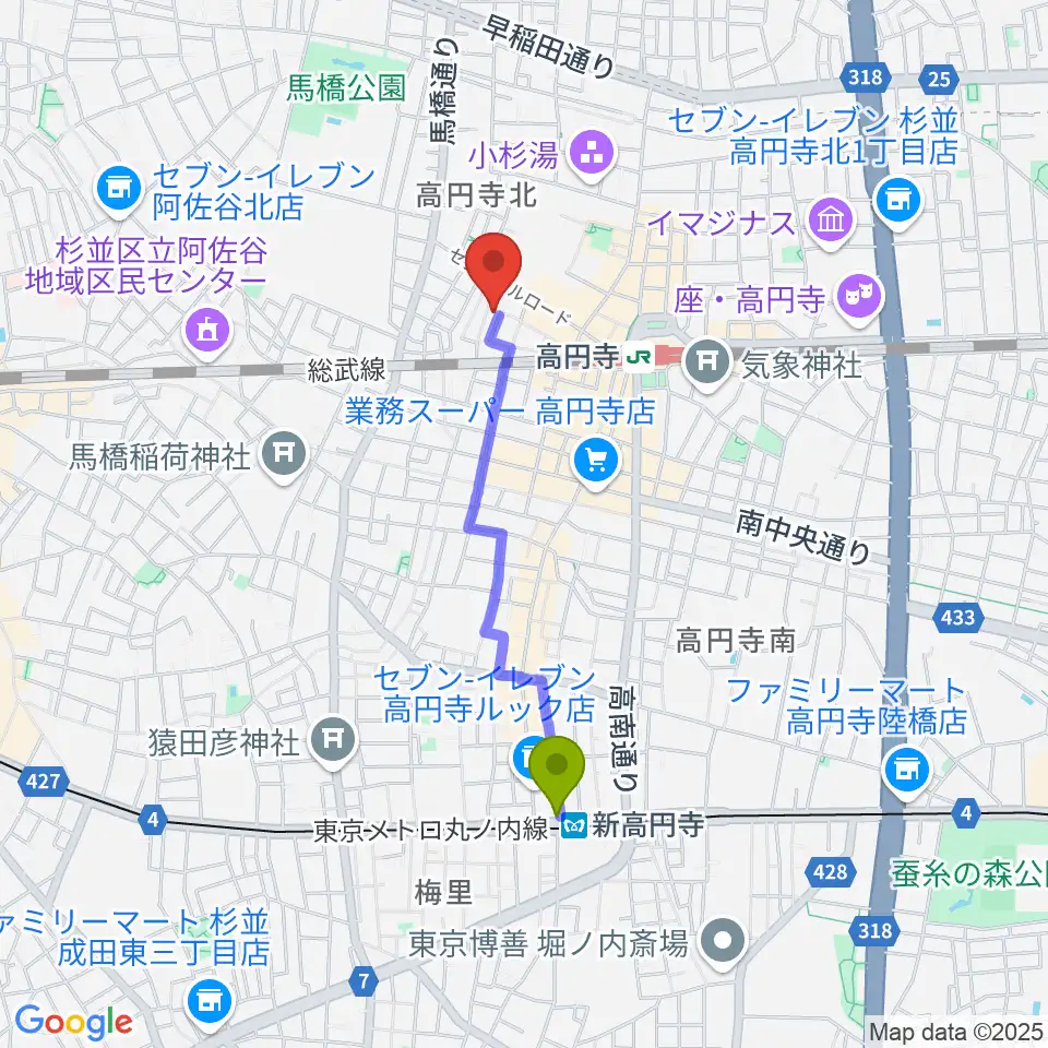 新高円寺駅からアリタ・ボーカルスクールへのルートマップ地図