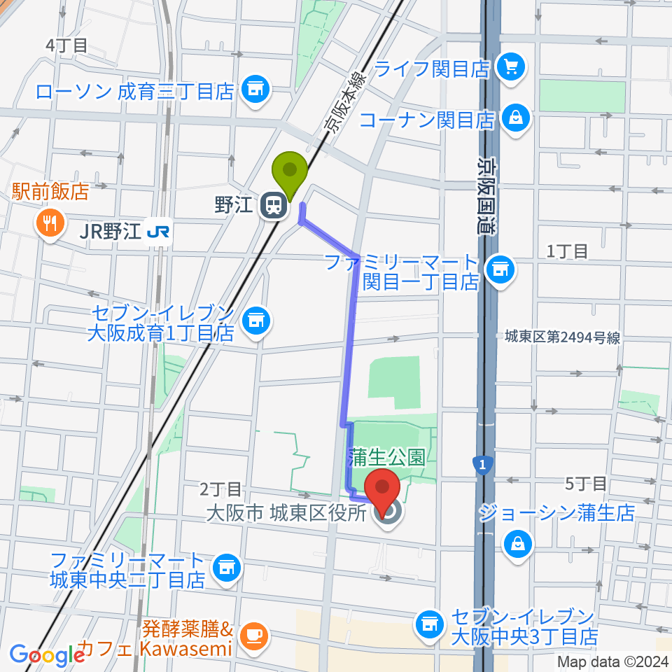 野江駅から大阪市立城東区民センターへのルートマップ地図