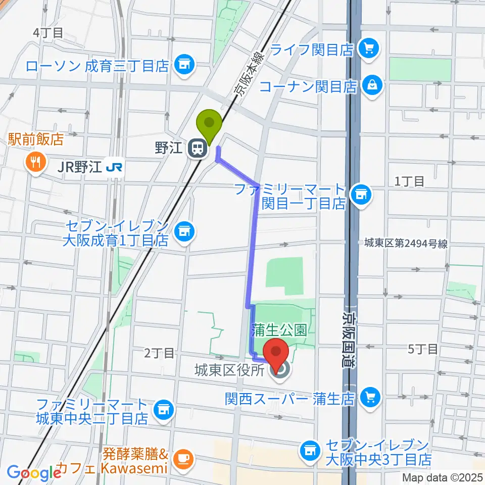 野江駅から大阪市立城東区民センターへのルートマップ地図