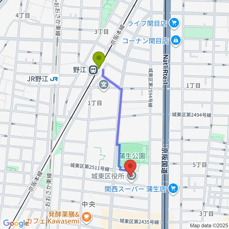 野江駅から大阪市立城東区民センターへのルートマップ地図