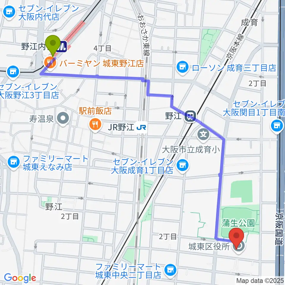 野江内代駅から大阪市立城東区民センターへのルートマップ地図