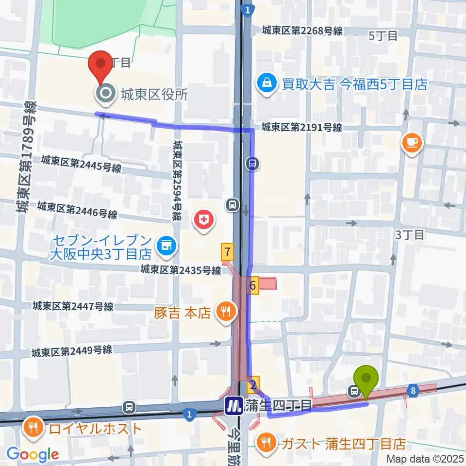 大阪市立城東区民センターの最寄駅蒲生四丁目駅からの徒歩ルート（約7分）地図