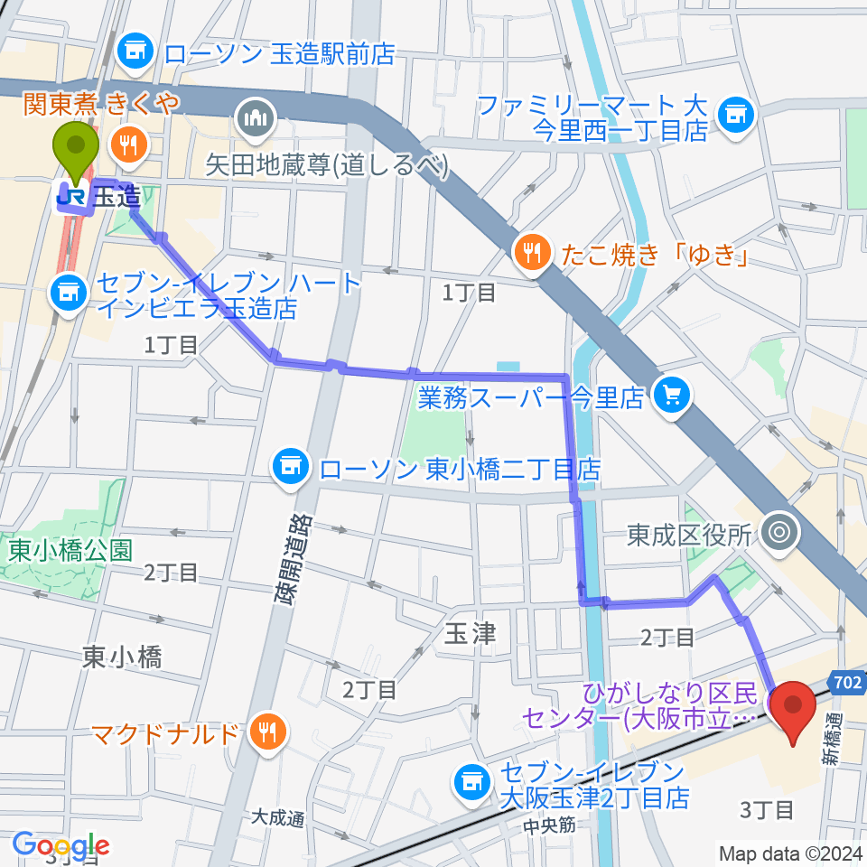 玉造駅からコミ協ひがしなり区民センターへのルートマップ地図