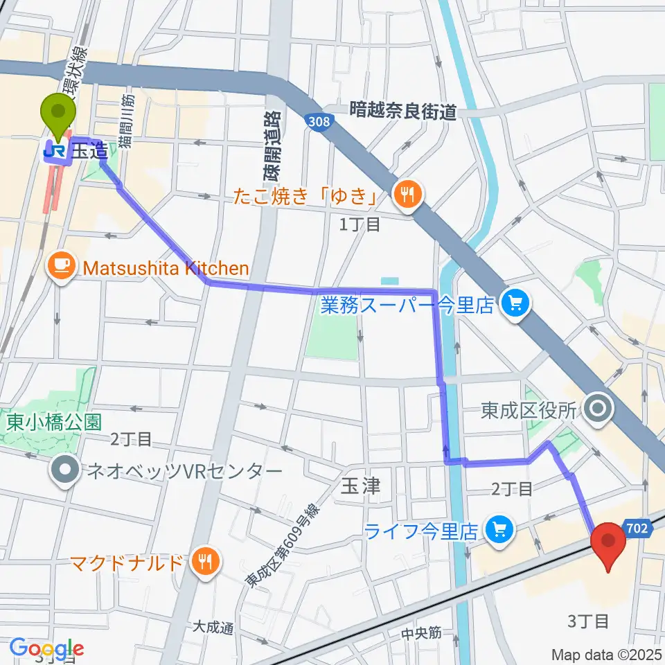玉造駅からコミ協ひがしなり区民センターへのルートマップ地図