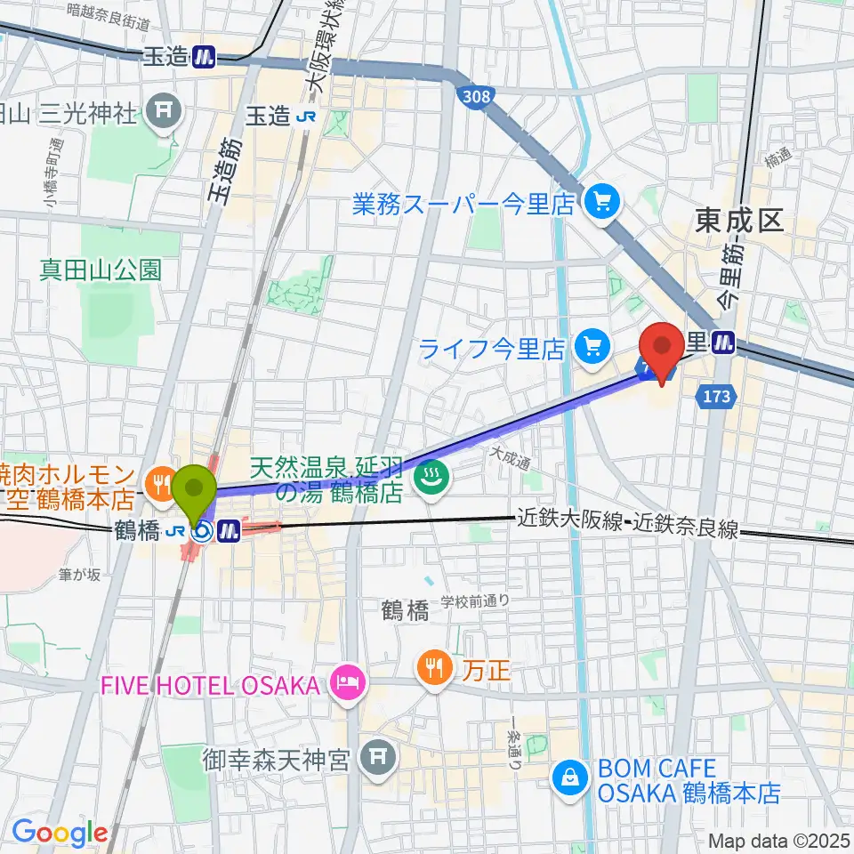 鶴橋駅からコミ協ひがしなり区民センターへのルートマップ地図
