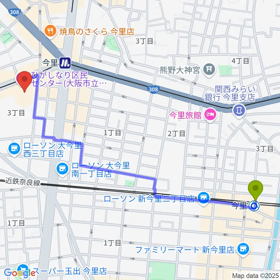今里駅からコミ協ひがしなり区民センターへのルートマップ地図