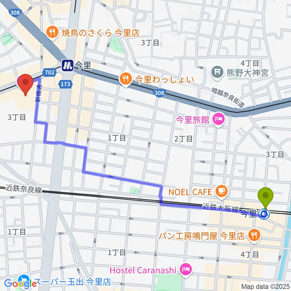 今里駅からコミ協ひがしなり区民センターへのルートマップ地図