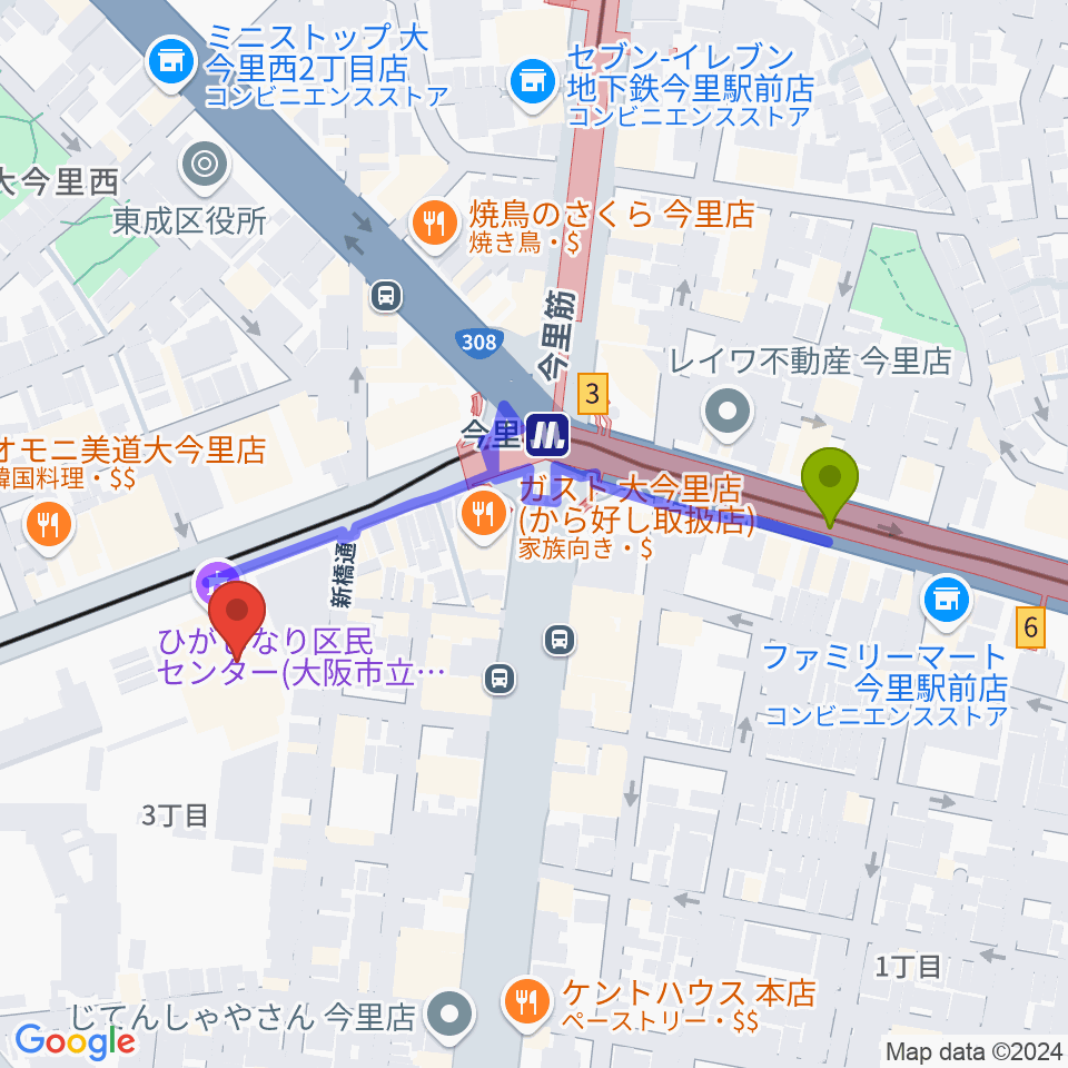 コミ協ひがしなり区民センターの最寄駅今里駅からの徒歩ルート（約4分）地図