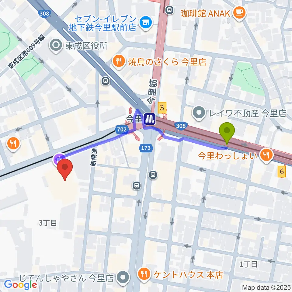 コミ協ひがしなり区民センターの最寄駅今里駅からの徒歩ルート（約4分）地図