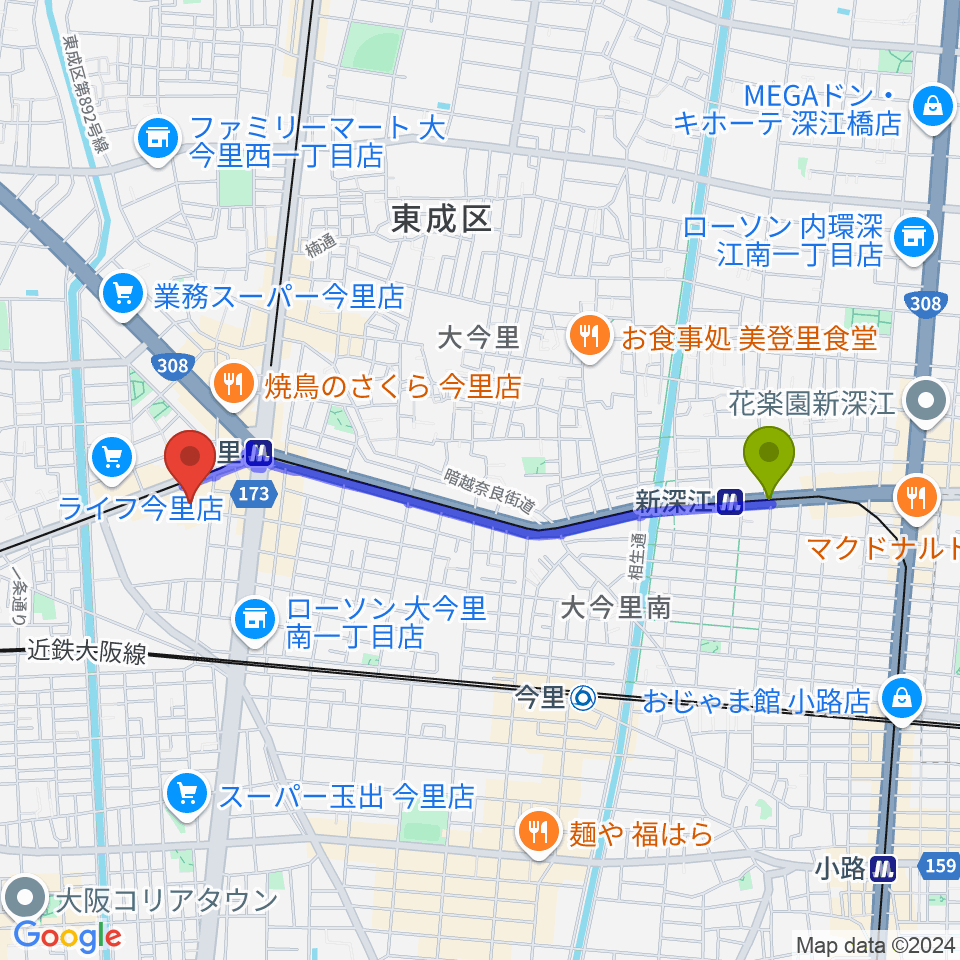 新深江駅からコミ協ひがしなり区民センターへのルートマップ地図