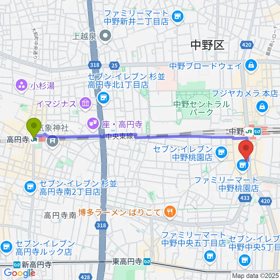 高円寺駅からミュージックセンター中野へのルートマップ地図