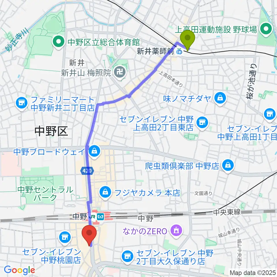 新井薬師前駅からミュージックセンター中野へのルートマップ地図