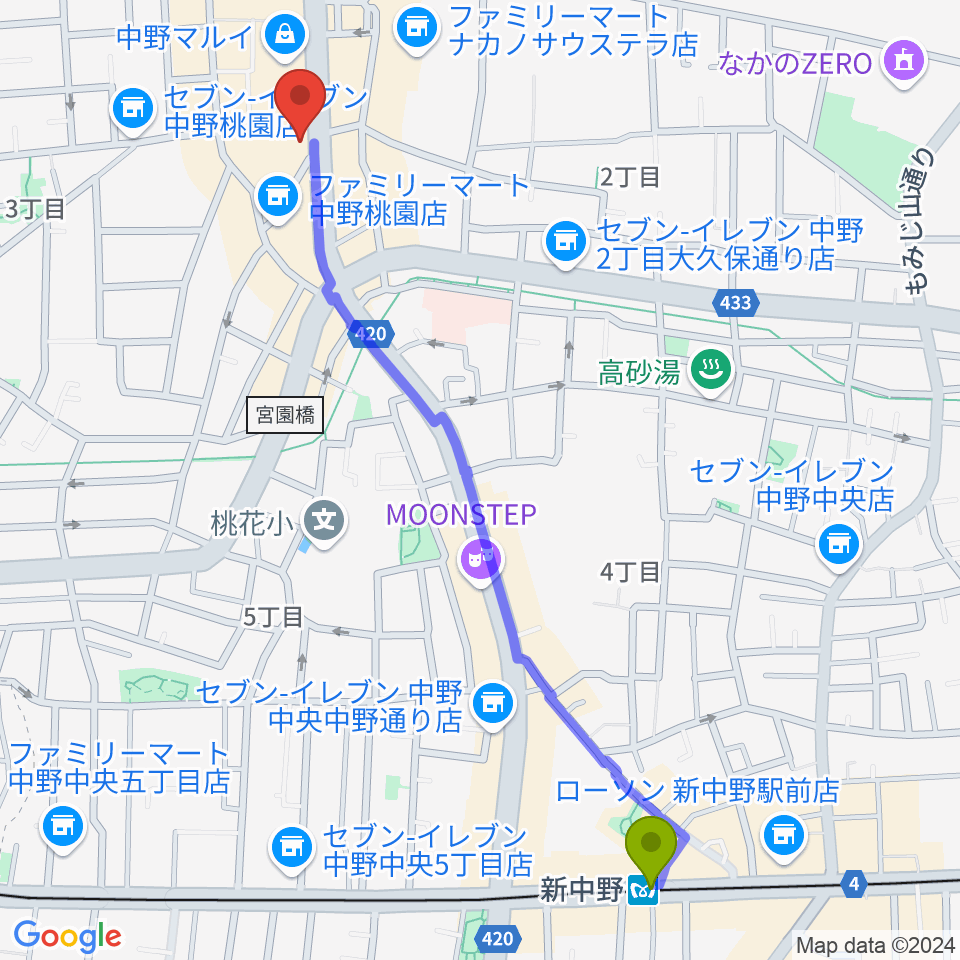 新中野駅からミュージックセンター中野へのルートマップ地図