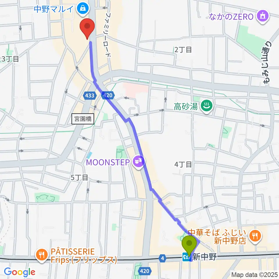 新中野駅からミュージックセンター中野へのルートマップ地図