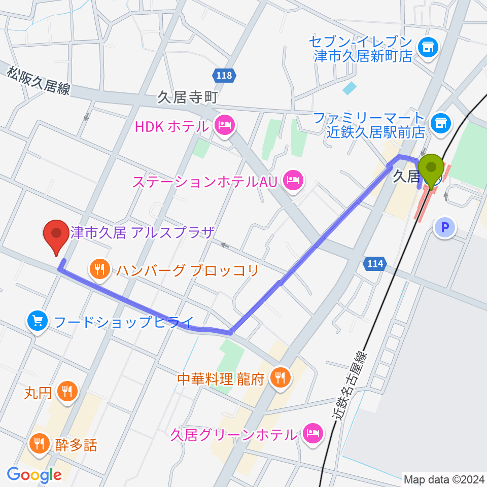 津市久居アルスプラザの最寄駅久居駅からの徒歩ルート（約12分）地図