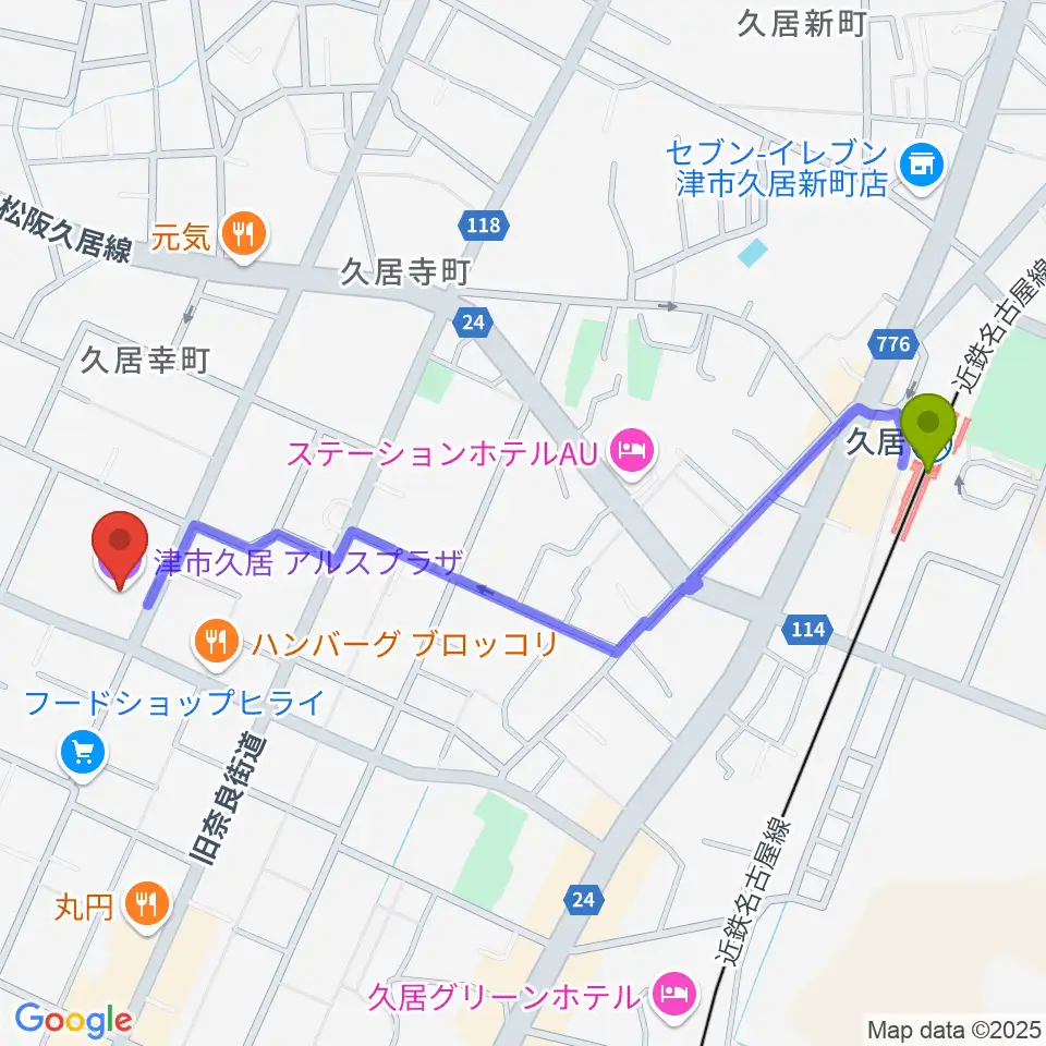 津市久居アルスプラザの最寄駅久居駅からの徒歩ルート（約12分）地図