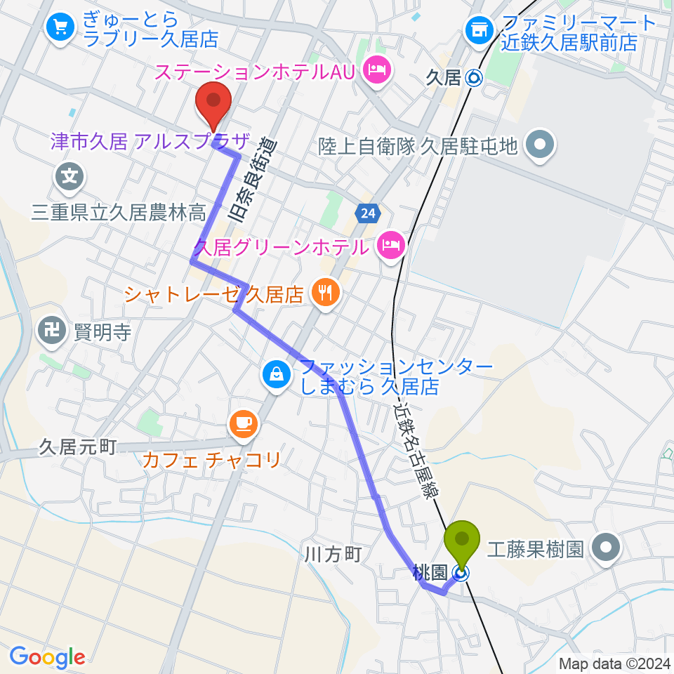 桃園駅から津市久居アルスプラザへのルートマップ地図