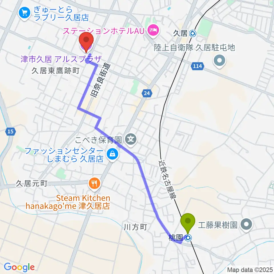 桃園駅から津市久居アルスプラザへのルートマップ地図