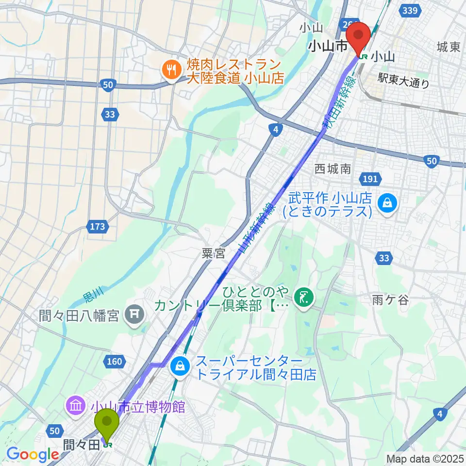 間々田駅からおーラジへのルートマップ地図