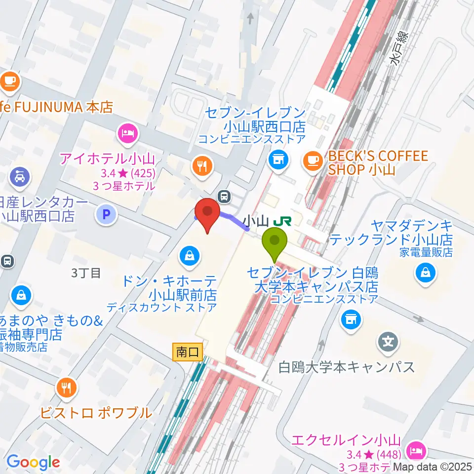 おーラジの最寄駅小山駅からの徒歩ルート（約1分）地図