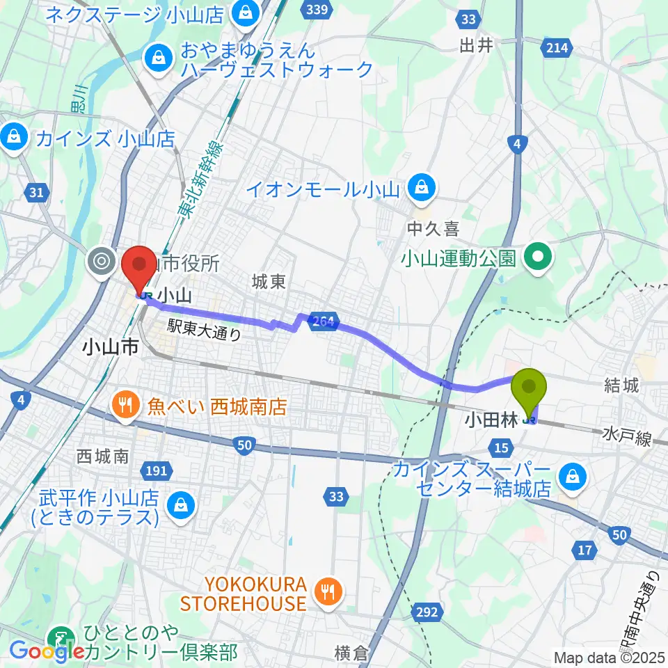 小田林駅からおーラジへのルートマップ地図
