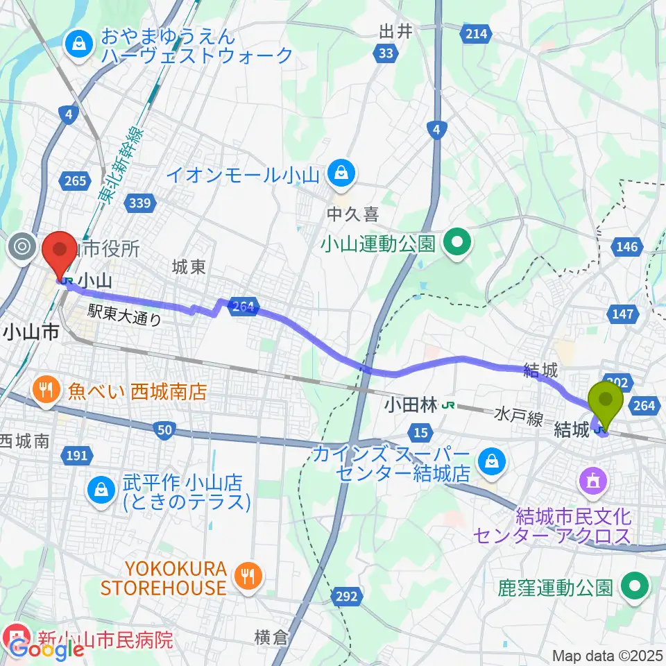 結城駅からおーラジへのルートマップ地図