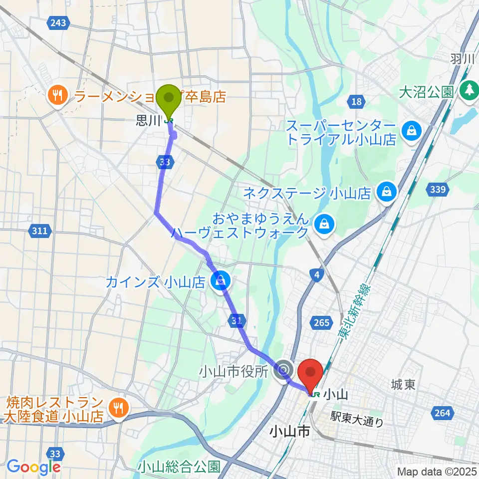 思川駅からおーラジへのルートマップ地図