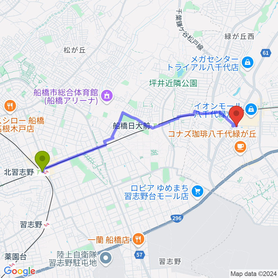 北習志野駅からFMふくろうへのルートマップ地図