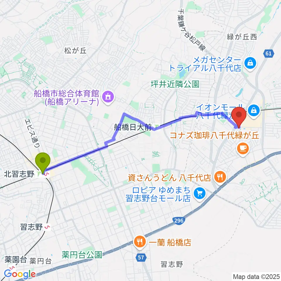 北習志野駅からFMふくろうへのルートマップ地図