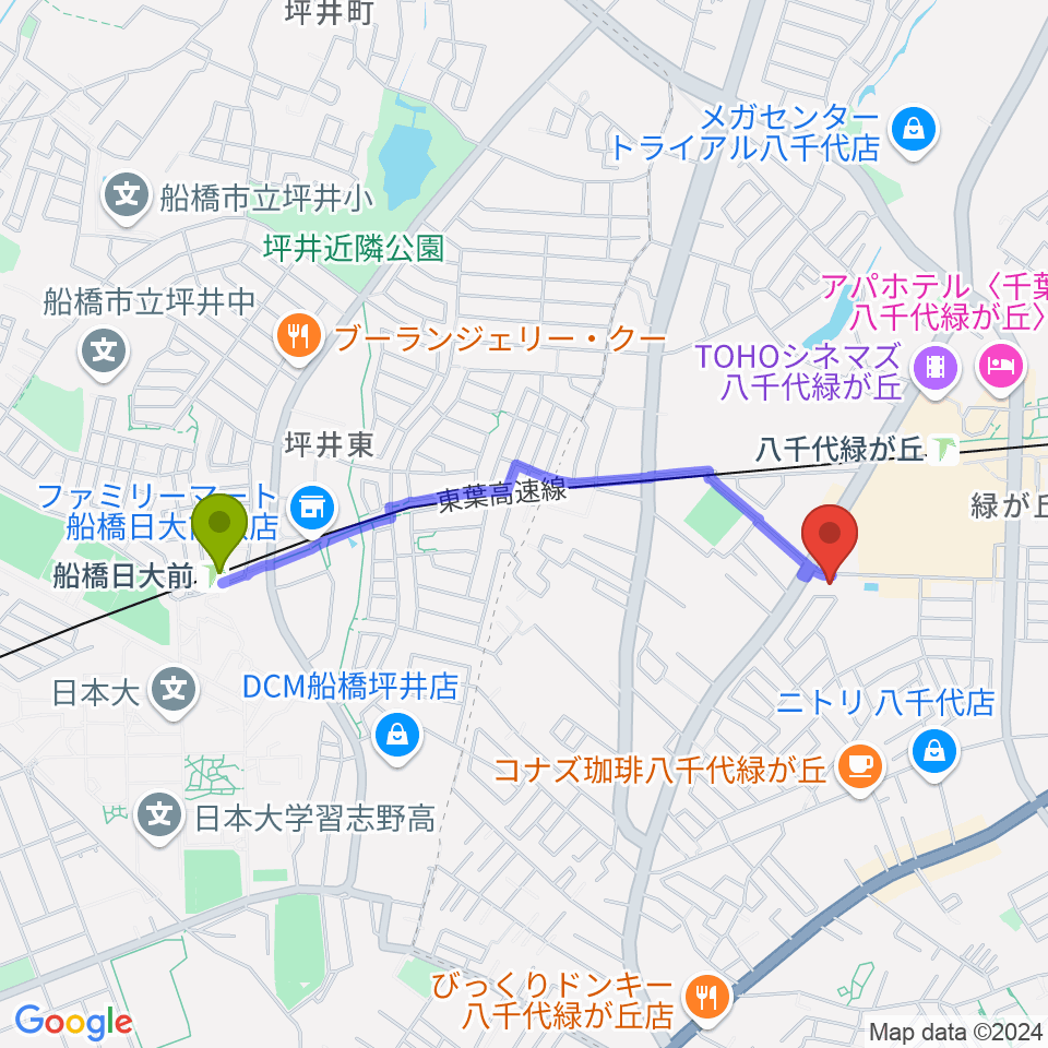 船橋日大前駅からFMふくろうへのルートマップ地図