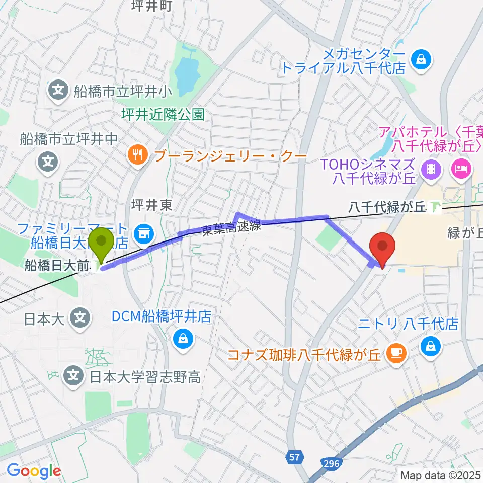 船橋日大前駅からFMふくろうへのルートマップ地図