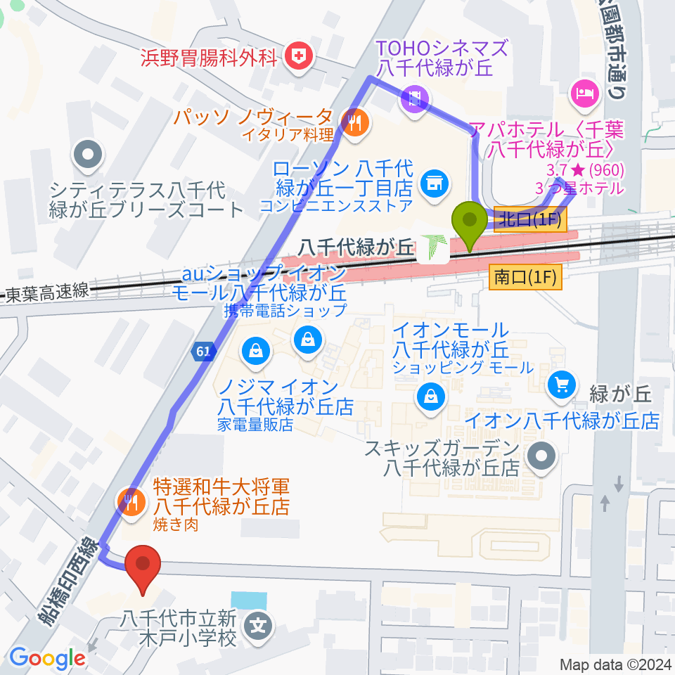 FMふくろうの最寄駅八千代緑が丘駅からの徒歩ルート（約5分）地図